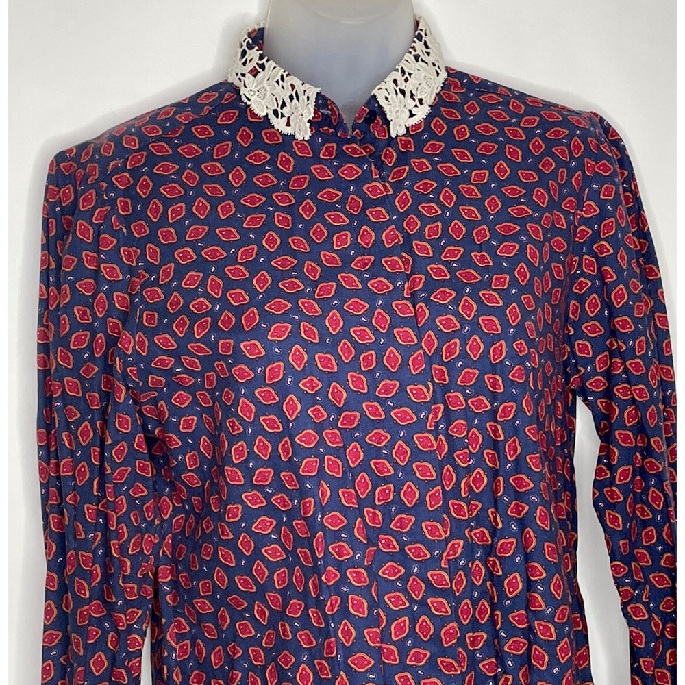 Vintage Top Lace Collar Paisley Print S Long Puff Sleeves Blue Red Button Up Y2K - Picture 3 of 12